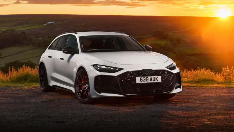 Audi RS 5 Avant wallpaper, 2026, Golden sunset, White estate, Countryside