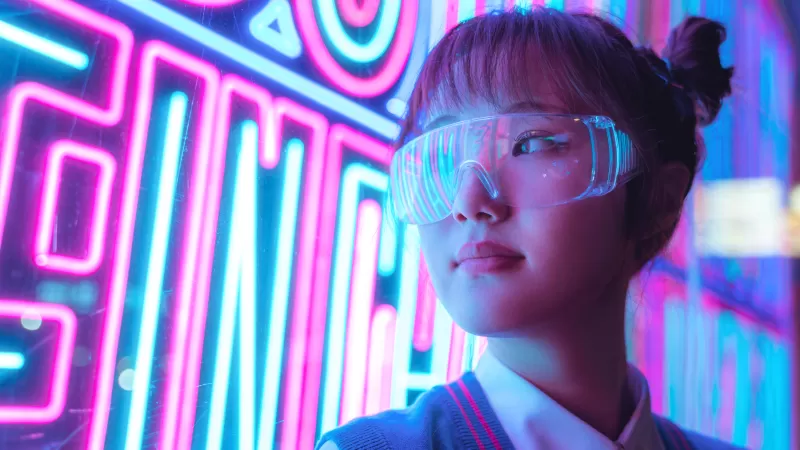 Girl, Neon Lights, Purple, Glow, Cyberpunk, Asian Girl, Neon glow, 5K, 8K