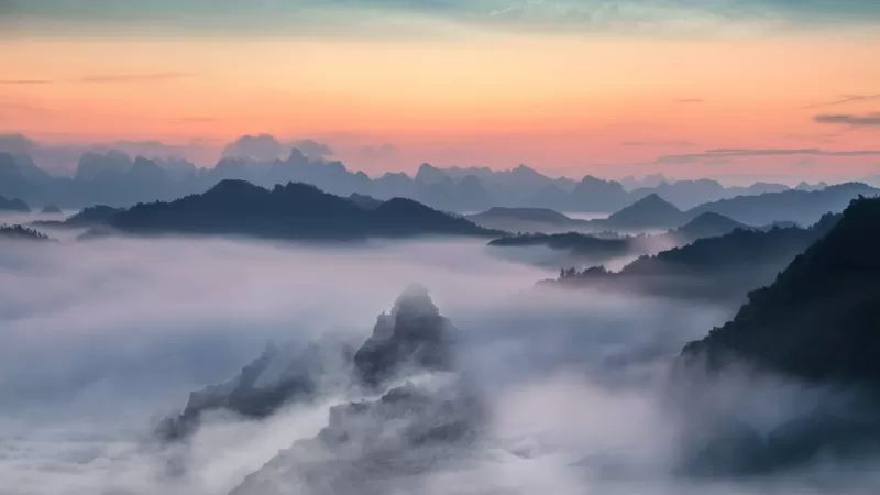 Mountain range, Foggy sunset, Orange sky, Landscape, Scenery, Mountain View, 5K, 8K