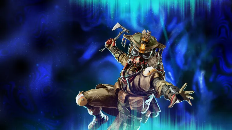 Bloodhound wallpaper, Apex Legends, Axe, Blue aurora background