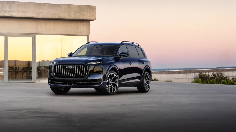 Audi Q9 wallpaper, Dark blue luxury SUV, Pink dusk, Modern house, 2027