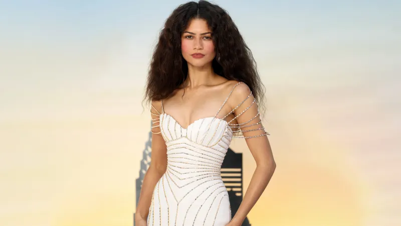 Zendaya, White bridal gown, Sunset sky, 2026, 5K wallpaper
