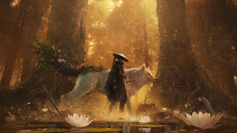 Beast of Reincarnation, Textless key art, Golden forest, White wolf, 4K wallpaper