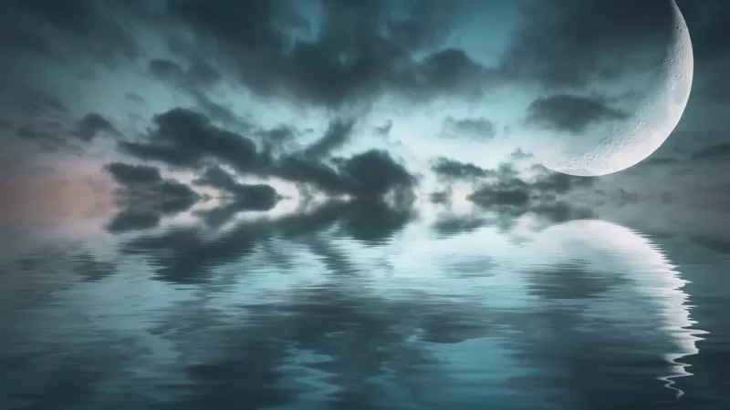 Ocean, Crescent Moon, Sea, Body of Water, Reflection, Dark clouds, Night sky, Scenery, 5K, 8K