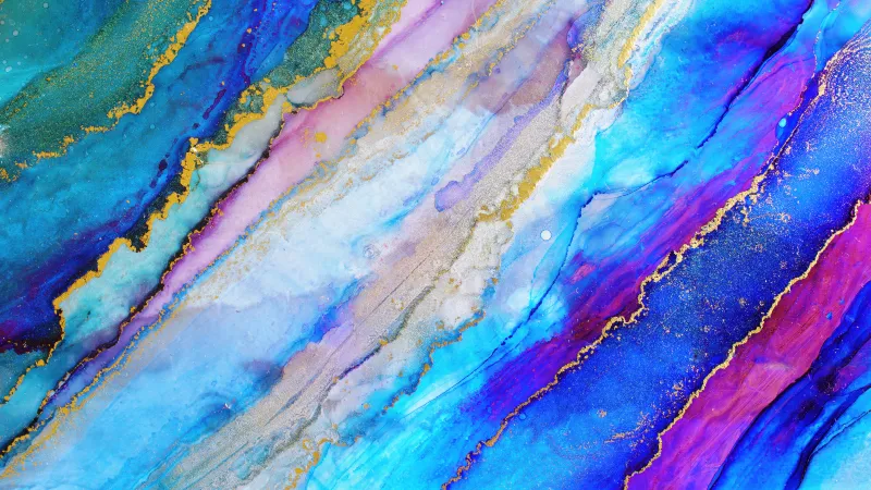 Alcohol ink marble, Blue and pink, Gold veins, 5K wallpaper
