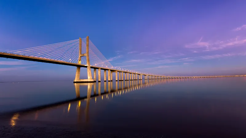 Vasco da Gama Bridge at twilight, Lisbon, Portugal, 5K wallpaper
