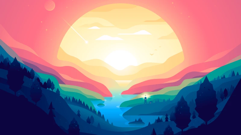 Valley sunset illustration wallpaper, Lighthouse, Layered hills