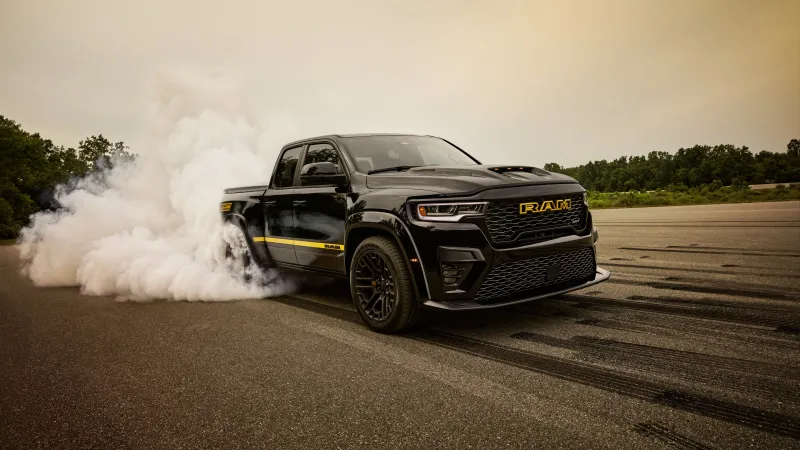 Ram 1500 RHO wallpaper, Black pickup truck, Burnout, Tire smoke, 2027, 5K