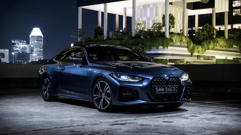 BMW 430i Coupé M Sport, Blue, Singapore at night, 2021 wallpaper