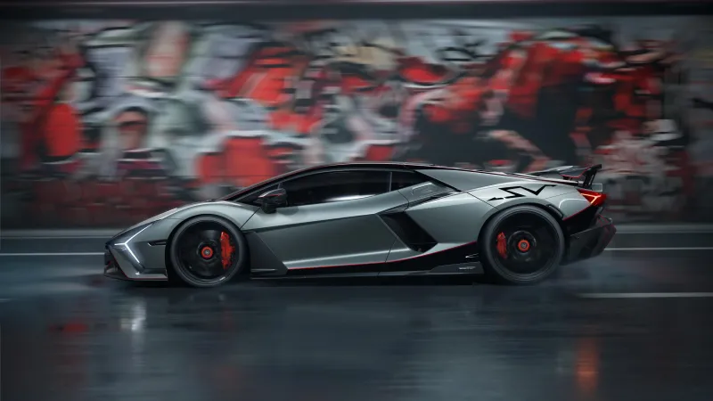 Lamborghini Revuelto SV wallpaper, Grey, Graffiti tunnel, Side view, Motion blur