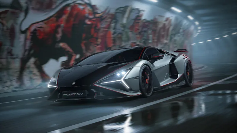 Lamborghini Revuelto SV, Silver and black, Bull graffiti tunnel, Hypercar wallpaper