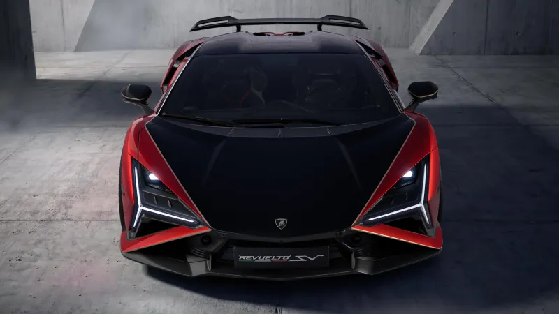 Lamborghini Revuelto SV wallpaper, Front view, Red and black, Concrete garage
