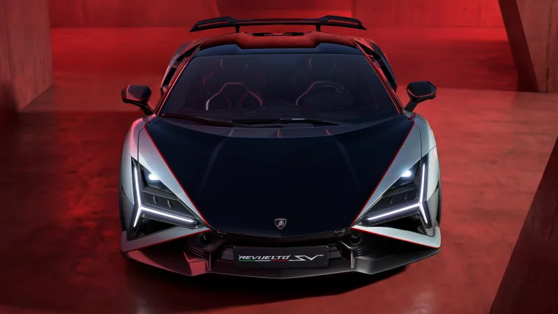 Lamborghini Revuelto SV wallpaper, Front view, Rear wing, Red room