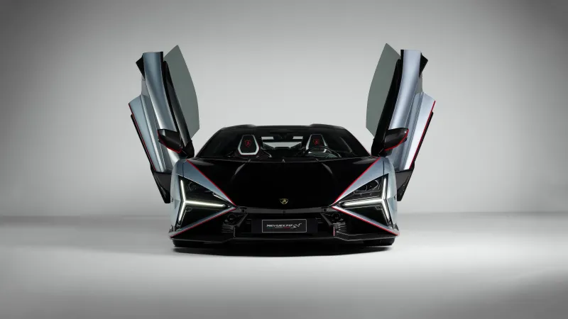 Lamborghini Revuelto SV, Scissor doors up, Front view, Grey studio, 8K wallpaper