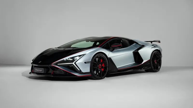 Lamborghini Revuelto SV wallpaper, Silver with red pinstripes, Studio, 5K