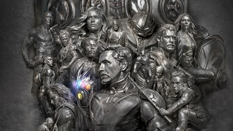 Avengers: Endgame Encore, Metallic sculpture, Iron Man, Infinity Gauntlet, 5K wallpaper
