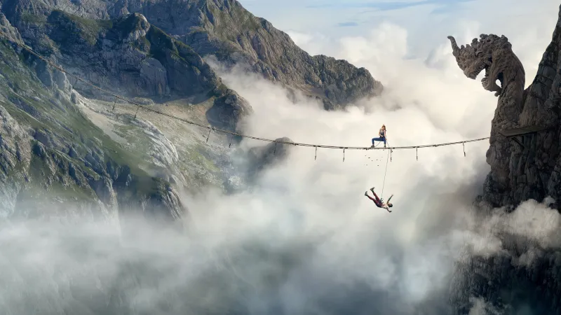Fall 2: Deadpoint, Rope bridge, Mountains above clouds, 2026 Movies, 5K wallpaper