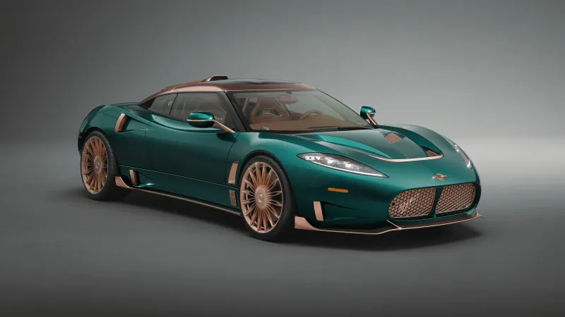 Spyker C8 Preliator XXV Coupé, Green with copper, Grey studio, 2026, 4K wallpaper