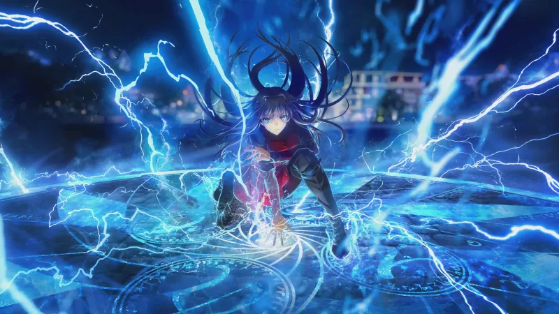 Aoko Aozaki, Witch on the Holy Night, Blue lightning wallpaper, Anime movie, 5K wallpaper