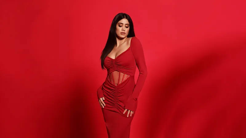 Janhvi Kapoor, Red dress, Red background, Bollywood actress, 4K wallpaper