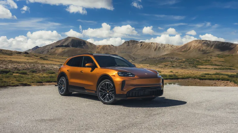 Porsche Cayenne Electric wallpaper, Orange SUV, Mountain plateau, 2026, 5K