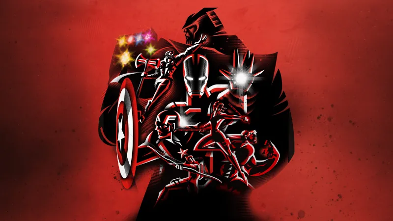 Avengers: Endgame wallpaper, Red background, Iron Man, Thanos, Artwork
