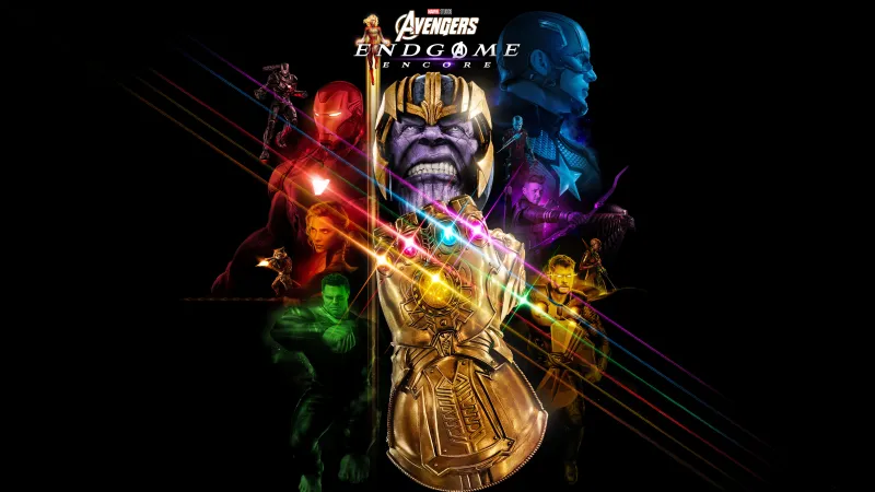 Avengers: Endgame Encore, Infinity Gauntlet, Thanos, Black background, 5K wallpaper