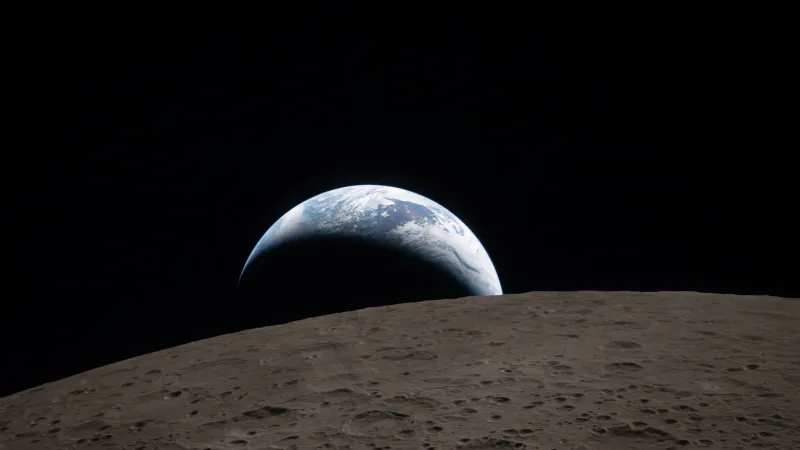 Earthrise over the lunar horizon, Artemis II, Moon, 5K wallpaper