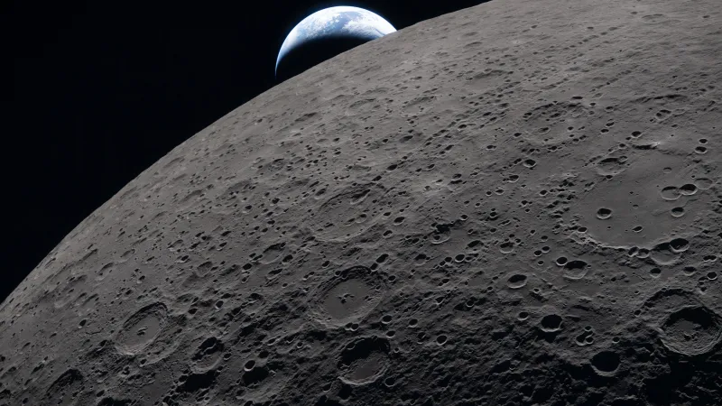 Earth over lunar craters wallpaper, Artemis II, Moon surface