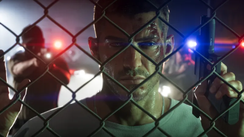 Jason (GTA 6), Gameplay, Jason Duval wallpaper, GTA 6, Chain-link fence, Police lights