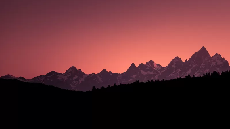 Grand Teton National Park, Teton Range, USA, Silhouette, Glacier mountains, Snow covered, Sunset Orange, Clear sky, Mountain Peaks, Scenery