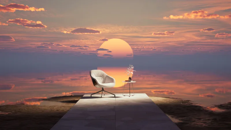 Armchair on a mirror sea at sunset wallpaper, Calm, 3D render