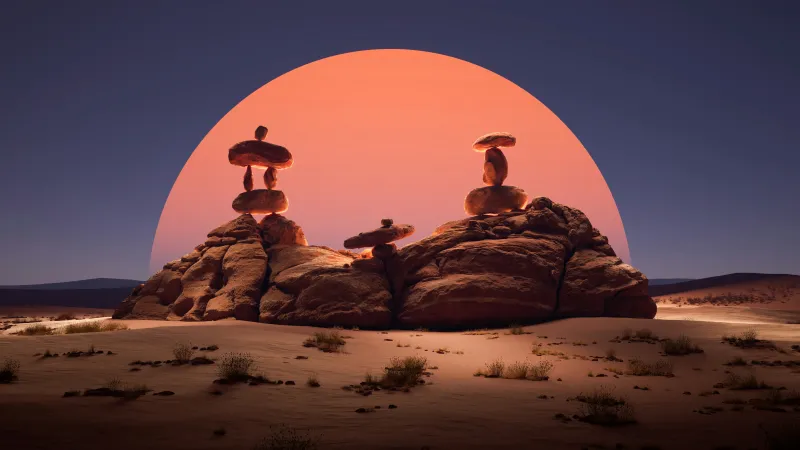 Balanced stones on desert rocks, Pink sun, Surreal, 5K wallpaper