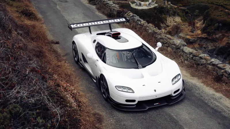 Koenigsegg CCGT1 wallpaper, White race car for the road, Coastal road, Top view, 5K