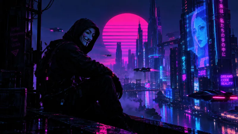Anonymous mask in a neon city wallpaper, Cyberpunk, Synthwave sun