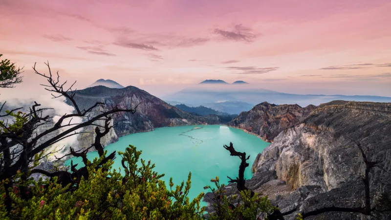 Kawah Ijen crater lake wallpaper, Indonesia, Pink sunrise