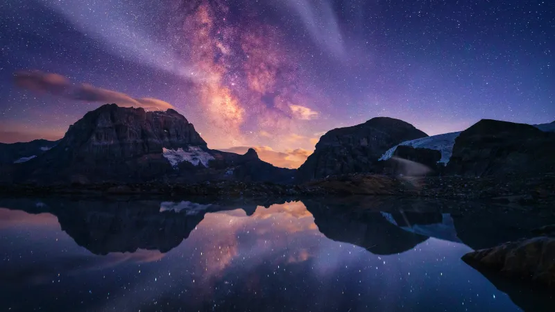 Milky Way over an alpine lake wallpaper, Mountain reflections, Starry night