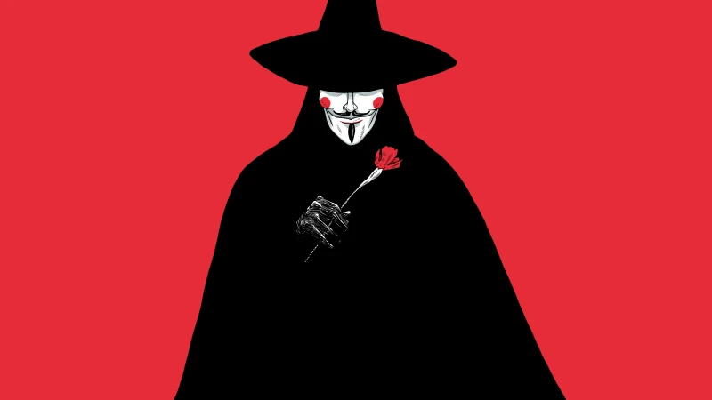 V for Vendetta, Guy Fawkes mask, Red rose, Red background, 8K wallpaper