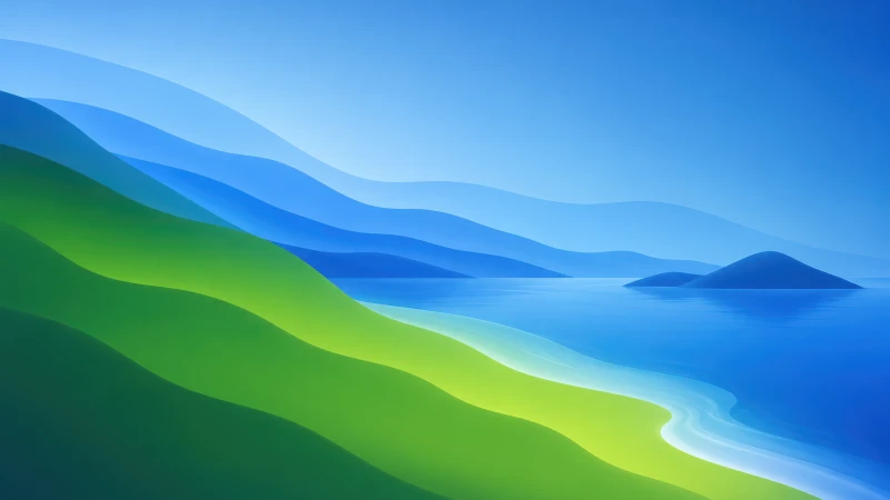 Layered green hills and blue lake, Coastal gradient, 5K wallpaper
