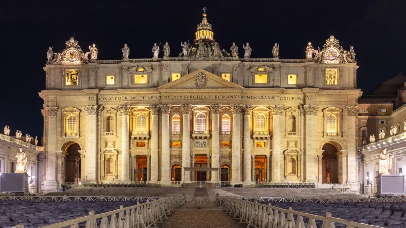St. Peter's Basilica, Vatican City, Night, Illuminated, Saint Peter's Square, 8K wallpaper