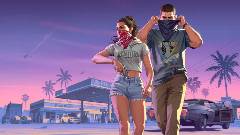 Jason and Lucia, GTA 6, Grand Theft Auto VI, Gas station robbery, Rockstar Games, 4K wallpaper