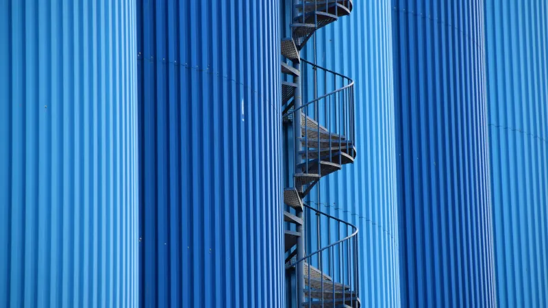 Spiral staircase wallpaper, Blue silos, Steel silos, Corrugated metal, Industrial architecture, Minimal