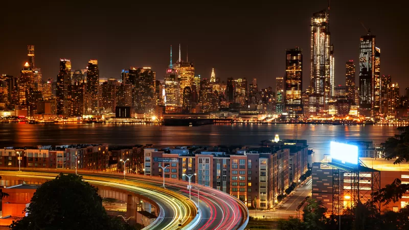 New York City, Cityscape, City lights, Night time, Skyscrapers, Long exposure, Roads, New Jersey