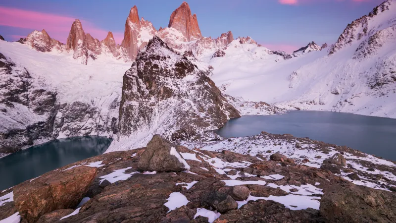 Glacier mountains, Snow covered, Body of Water, Winter, Sunrise, Peaks, Clear sky