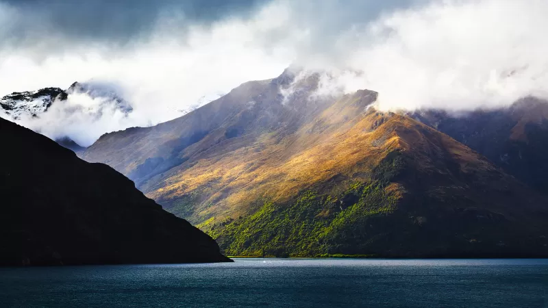 Lake Wakatipu, New Zealand, Body of Water, Mountains, Landscape, Foggy, Snow, Scenery