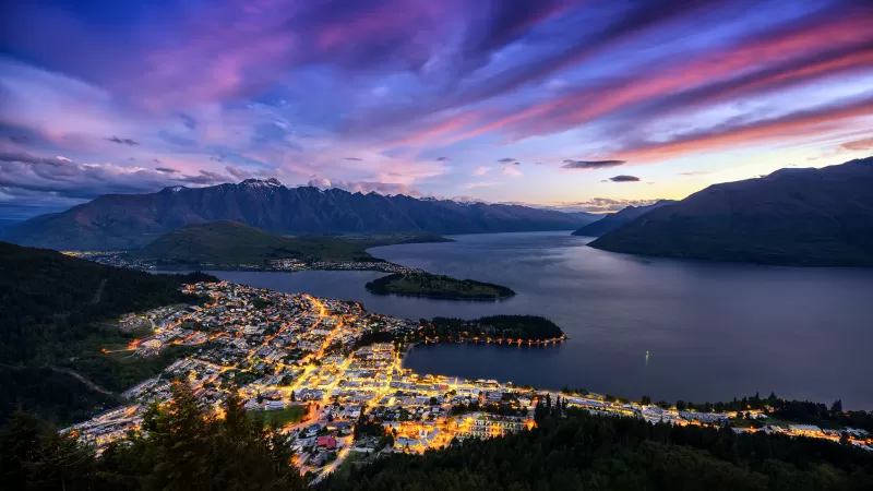 Bob's Peak, Ben Lomond, New Zealand, Queenstown, Lake Wakatipu, Sunset, Landscape, Mountain range, City lights