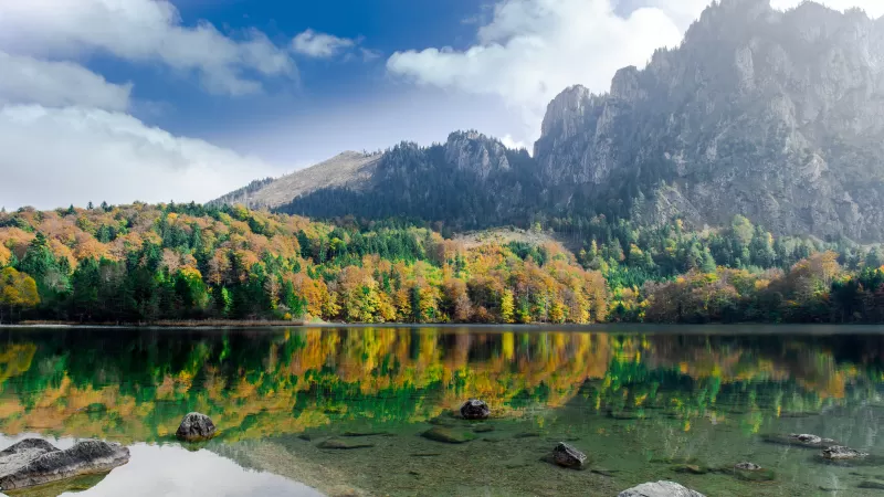 Langbathseen, Austria, Mirror Lake, Reflection, Mountain, Autumn trees, Clear water, Landscape, Scenery, 5K