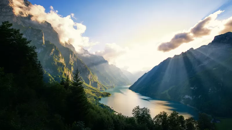 Klöntalersee wallpaper, Swiss Alps, Sun rays