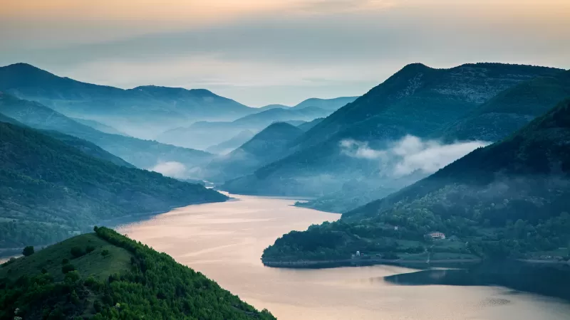 Kardzhali Reservoir, Bulgaria, Arda River, Landscape, Sunrise, Misty, Hill Station, Mountains, Green Trees, Scenery, 5K