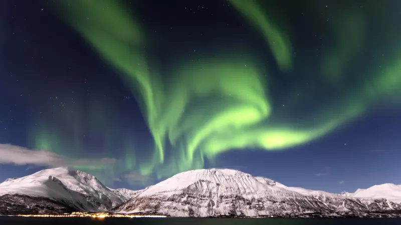 Aurora Borealis, Northern Lights, Mountains, Snow covered, Landscape, Astronomy, Stars, Night sky, Scenery
